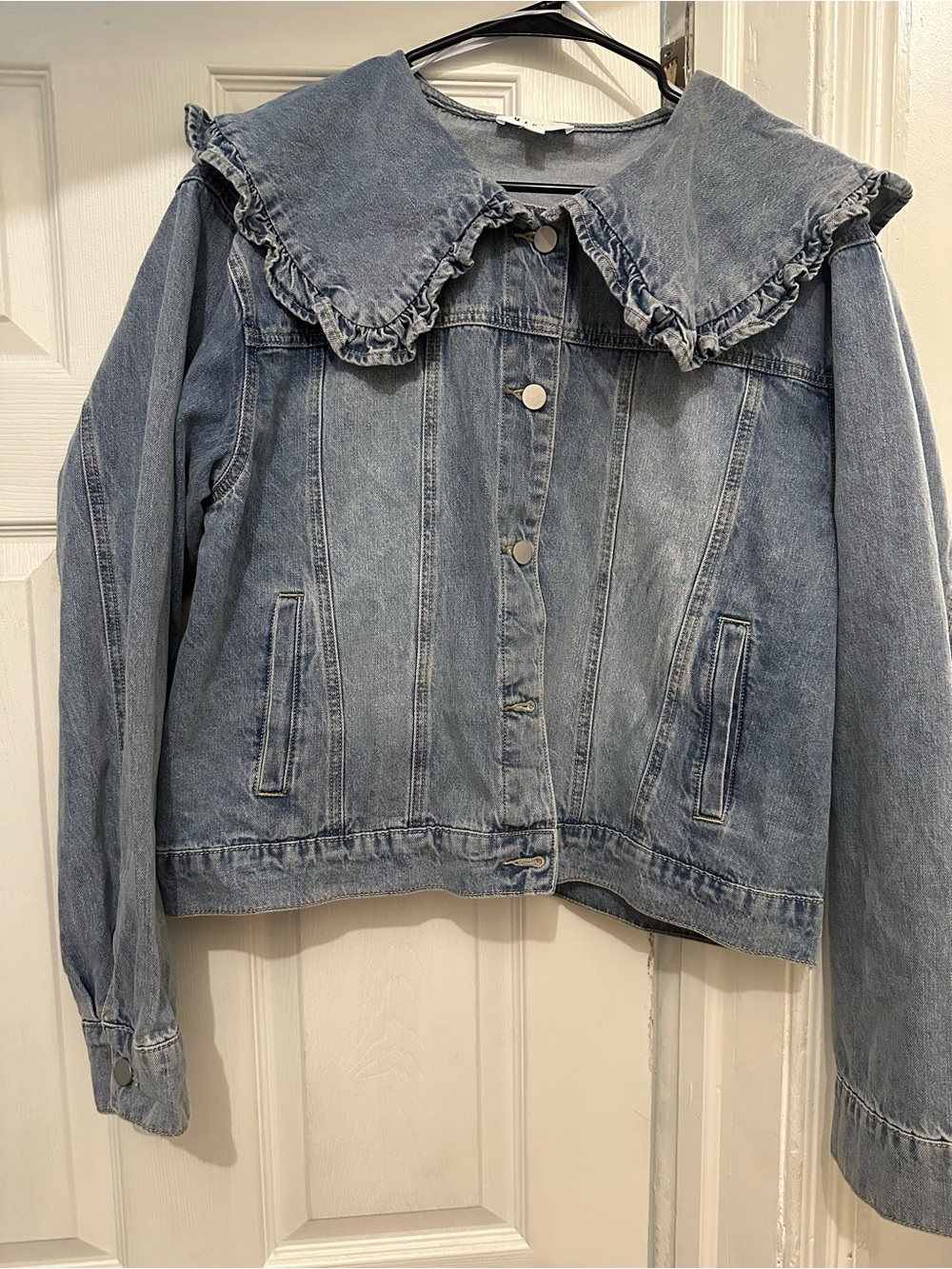 Light Blue Denim Jacket with Ruffle Collar - Picture 2 of 3